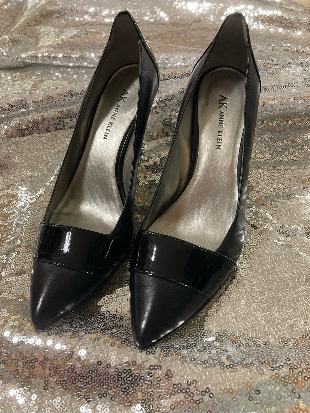 Designer Anne Klein Black Patent and Leather Pointed Toe Pumps Size 7.5